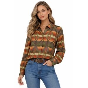 Southwestern Geometric Print Womens L Button Down Long Sleeve Blouse Western